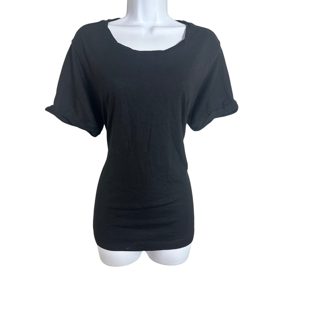 Michael Stars Sloan Rolled Sleeve Crew Neck Tee Black Cotton Top Size M